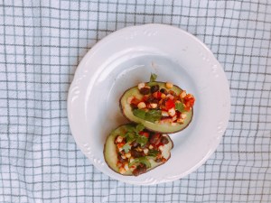 Black bean and corn salsa in an avocado