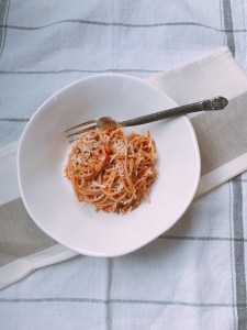 plated fresh roasted tomato &amp; walnut pesto